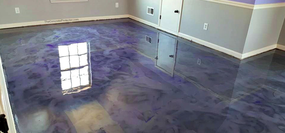 This image shows a living room with an epoxy floor