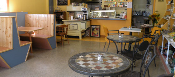 This image shows a restaurant with a flake epoxy floor.